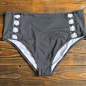 Shade & Shore Black & White Striped High-Waist Bikini Bottom size XL